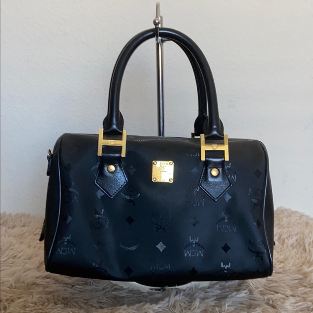 Auth MCM Boston Satchel Black Nylon Monogram